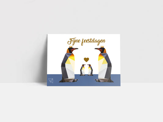 Postkaart fijne feestdagen pinguïn met gouden folie