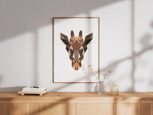 Poster geometrische illustratie giraf in een lichtrijke kamer