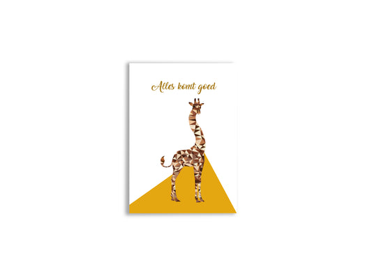 Postkaart alles komt goed giraf met gouden folie