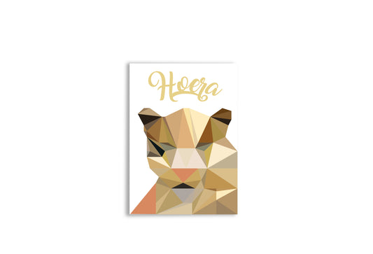 Postkaart hoera leeuwin met gouden folie