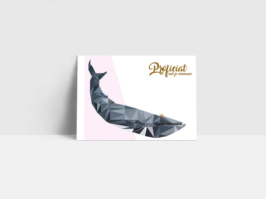 Postkaart proficiat met je communie met goudfolie walvis